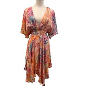 Tolani Pastel Swirl Print Kimono Sleeve Mini Beach Dress Medium Luxe Vacation